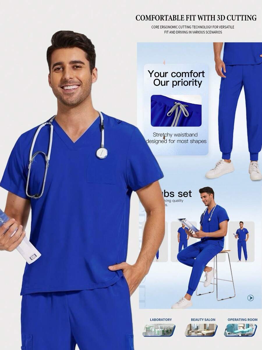 Blue Short Sleeve Medical Uniform Set, Doctor/Nurse Scrubs Outfit