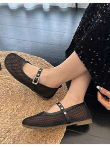 2025 Summer New Round Toe Niche Fishnet Hollow Ballet Flats For Women, Leather Buckle Mary Jane Shoes, Solid Color Punk Cute Buckle Ladies Fashion Flat Shoes For Holiday, Wedding, Party, Office, Indoor & Outdoor, Spring & Autumn