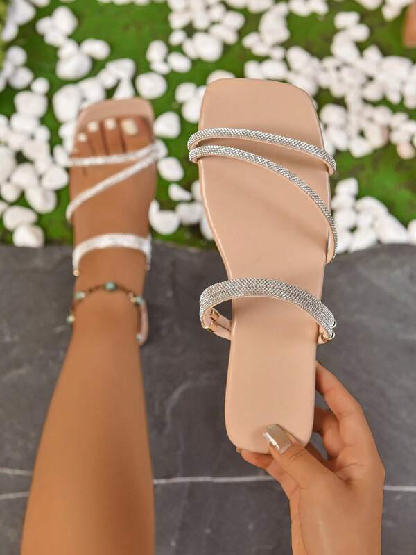 Women's Diamond Decor Slides, Casual Square Toe Flat Summer Shoes, Lightweight Slippers For Relaxed Style, Suitable For Beach Days And Casual Outings, Bohemian Crystal