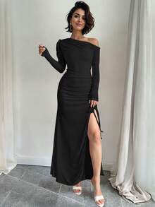 Ween Lady Sexy Slit Off Shoulder Dress - Black - View 2