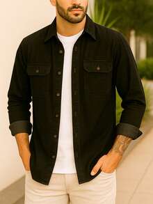 Men's Denim Jacket Long Sleeve Button Down Autumn Spring/Fall Regular Fit Pocket - 黑色 - 查看 2