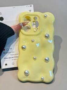 Luxury 3D Pearl Cube Solid Color Wave Pattern Soft Silicone Phone Case Compatible With IPhone 16 15 13 Pro Max 11 12 14 Pro Max Luxury Glossy Shockproof Case - Light Yellow - View 2