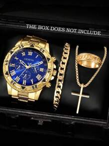 4pcs Fashion Business Leisure Men's Watch, Large Dial Round Steel Strip Men's Quartz Watch, Paired With Personalized Chain Bracelet, Cross Pendant Necklace, Ring Combination Jewelry Set, Suitable For Men's Gift Giving, Suitable For Festivals, Business, Parties, And Daily Wear