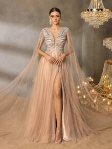 Faeriesty Faeriesty Luxurious Beaded Sequin Evening Gown – Plunging V-Neck With Bold Crystal Beading & Sheer Tulle Cape, Fluid A-Line Silhouette For Red Carpet Galas, Prom & Black Tie Affairs
