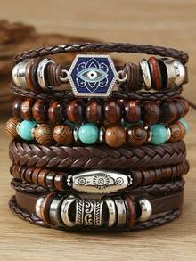 12/32/48Pcs Vintage Style Multilayer Pu Leather & Wooden Beaded Bracelet With Butterfly/Flower/Eye Charms - Handmade Friendship Bracelet For Men Women - Adjustable (Random Mixed) - Multicolor - View 7