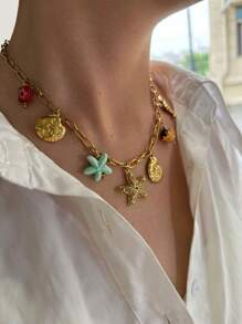 1pc Luxurious Design Minimalist Ocean Theme Glass Ceramic Stainless Steel Sea Star, Seahorse, Shell Multi-Pendant Necklace, Women Jewelry