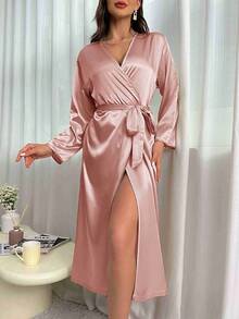 Thin And Sexy Summer Sexy Imitation Silk Nightgown For Women, Long Sleeved, Medium To Long Lace Up Bathrobe, Morning Gown, Fashionable And Comfortable Casual Home Wear For Women - 粉色 - 查看 2