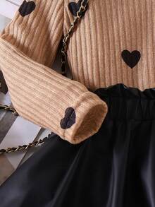 2 件套女童甜心印花长袖上衣 + 裙子套装，适合春秋季休闲装 - 黑色 - 查看 8