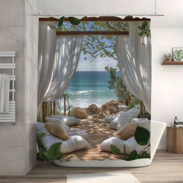 1pc Beach Theme Polyester Shower Curtain With Hooks - High Quality Digital Print No-Hole Design, Super Wide Bathroom Curtain For Coastal Bathroom Decor, Machine Washable, Beach Shower Curtain, Easy Hang Curtain, Plush Decor Accessory, Smooth Texture Fabric Back To School