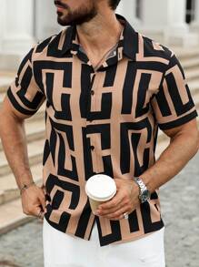 Camisa de manga corta con botones y cuello para hombres, con diseño de color de contraste, apta para uso casual, diario, trayecto, estilo callejero, tallas grandes, verano