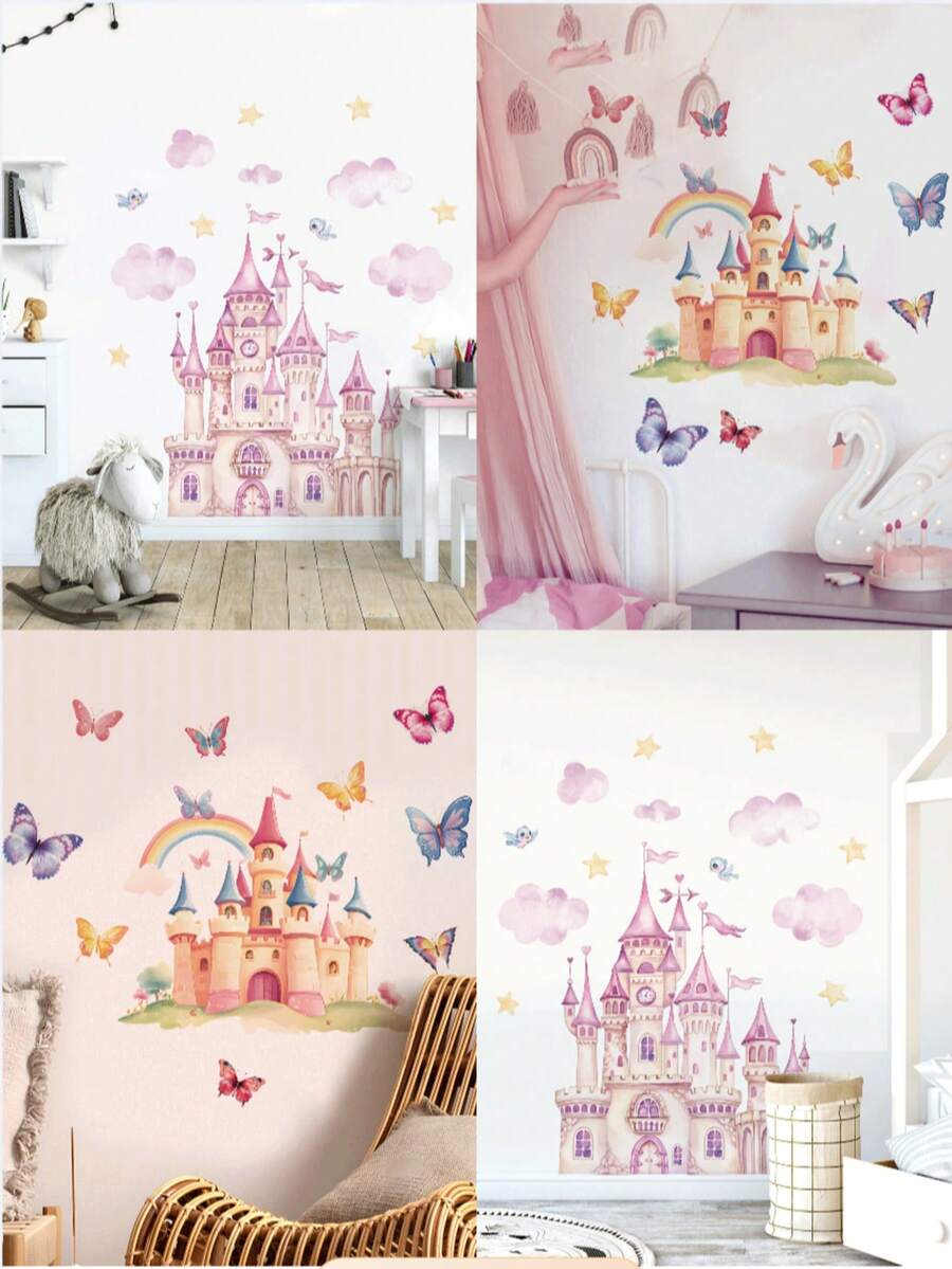 1 件粉色云朵、小鸟、星星、城堡墙贴，卧室、小女孩、儿童房，柔软可爱的墙面装饰，可撕可贴，生日毕业礼物，个性化贴纸 - 粉色 - 查看 1