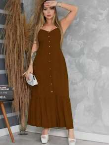 Long Crepe Dress With Padded Cups And Buttons H-1 - Rust Brown - View 2