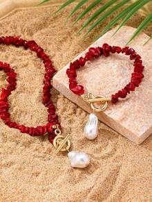 Women's Jewelry Set With Turquoise Fragments And Imitation Baroque Pearls, Includes 2pcs Simple Alloy Fashion Accessories, Necklace And Bracelet Set, Suitable For Everyday Wear - Red and White - View 5