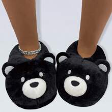 Pantuflas cálidas y antideslizantes con bordado negro, cobertura total del pie y diseño de oso para mujer para el hogar