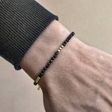 1pc Men's 3mm Black Onyx, Quartz, Lapis Lazuli Bead & Golden Copper Bead Adjustable Bracelet, Suitable For Daily Wear And Gift