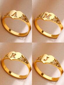 1PC Fashion Hollow Initial Letter Heart Rings For Women Gold Color Stainless Steel A-Z Letter Ring Aesthetic Wedding Jewelry Gift - Yellow Gold - View 1