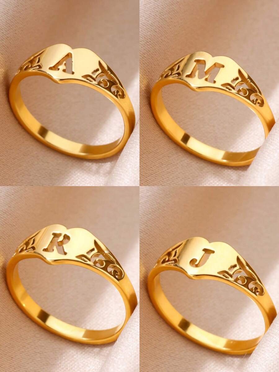 1PC Fashion Hollow Initial Letter Heart Rings For Women Gold Color Stainless Steel A-Z Letter Ring Aesthetic Wedding Jewelry Gift - Yellow Gold - View 1