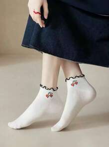 4 Pairs Black And White Women Ruffle Trim Ankle Socks With Patterns: Cherry, Bow, Stripe, Plaid, Heart, Elegant Socks Suitable For Spring And Summer