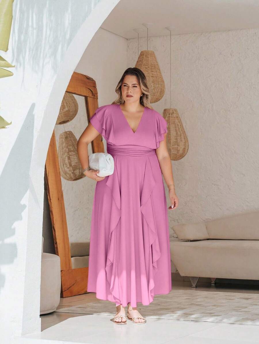 Bridesmaid Plus Size Chiffon Long Prom Dress With Short Sleeves With Double Ruffle Flowing Skirt With Ruffle Details On The Skirt Simple Elegant Party ElegantElegance Chiffon Zipper Ruffle Bridesmaid Wedding Birthday Party Party Graduation Party Formal And Evening Wedding Guest Prom - Rosa - Ver 1