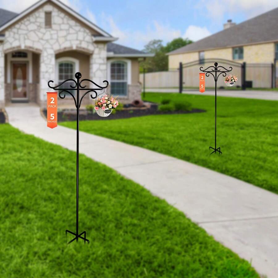 1pc Outdoor Garden Dual Shepherd Hooks, 61/77/92 Inch Heavy-Duty Garden Pole For Hanging Bird Feeders, Flower Baskets, Solar Lanterns, 5-Claw Garden Plant Hanging Rack, Iron Decorative Rod, Very Stable And Easy To Install, Highly Practical