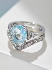 Anel de prata luxuoso para mulheres, 2 peças, elegante, moderno, com incrustações de metal, zircônia brilhante, joia de casamento e noivado