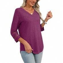 XIEERDUO 3/4 Length Sleeve Womens Tops Dressy Casual Blouses For Women 2025  V Neck T Shirts Summer Clothes - 紫紅色 - 查看 4