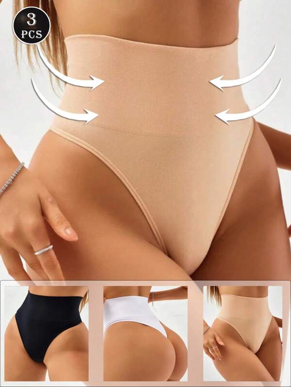 Set de 3 piezas de control corporal con cintura alta sin costuras, con moldeado abdominal, levantamiento de glúteos y moldeado de cintura delgada, estilo deportivo casual para mujer