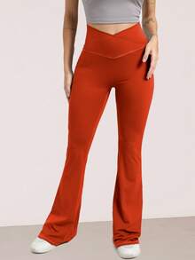 RUNONWHEELS 5 高腰喇叭裤日常健身运动紧身裤，女士提臀瑜伽紧身裤，女士高腰交叉设计喇叭紧身裤适合春季穿着 - 橘色 - 查看 3