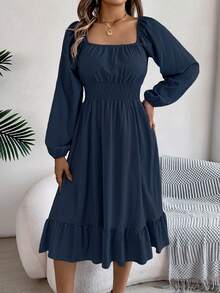 Autumn And Winter Leisure Vacation Small Floral Solid Color Square Neck Long Sleeve Women's Dress - 藏蓝色 - 查看 5