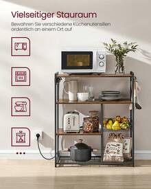 VASAGLE Küchenregal mit Steckdosen, Standregal mit 2 Metallkörben, Bäckerregal mit Haken, Regalablagen,Industrie-Design - EU F-Typ Stecker (220-240V) - Übersicht 8