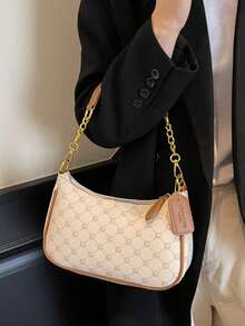 1 件女士纯色 PU 单肩包，适合工作通勤的多功能腋下包，可调节肩带斜挎链条包，腋下托特包带铝箔字母