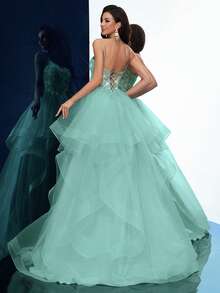 女士正式礼服优雅夏季晚礼服毕业生日派对舞会纯色贴花无袖层叠下摆及地长裙