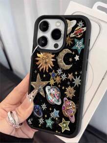1pc New Colorful Painted Luxury Planet & Sun/Moon Pattern Litchi Texture Anti-Fall Anti-Slip Soft Phone Case Suitable Compatible With Apple & Phones
