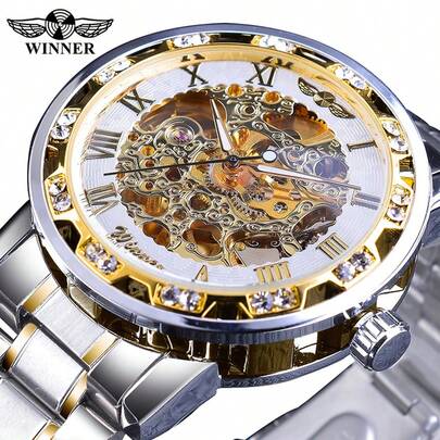 T-WINNER Winner Golden Watches Men Skeleton Mechanical Watch Crystal Mesh Slim Stainless Steel Band Top Brand