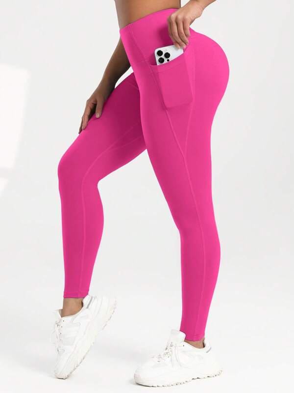Leggings de poche de couleur unie pour femmes, pantalon de yoga extensible polyvalent taille haute, pantalon de jogging de sport pour femmes
