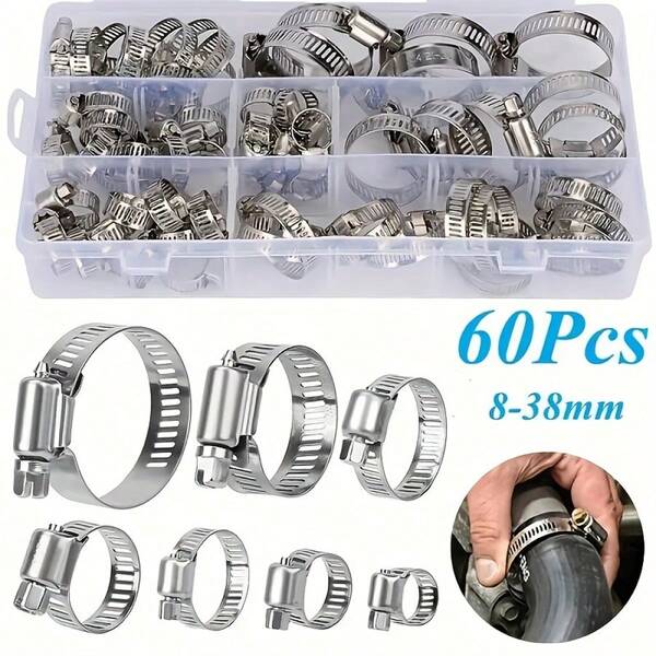 60-Pack Stainless Steel Hose Clamps: Versatile 8-38mm Adjustable Range, Leak-Proof-Perfect For Secure Sealing