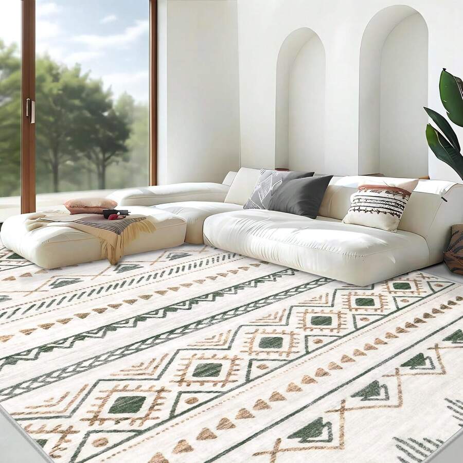 Area Rug Living Room Rugs 8x10 - Large Soft Boho Geometric Rugs, Non-Slip Foldable Washable Rugs Non Shedding Morden Indoor Floor Carpet For Living Room Bedroom Office Dining Room(Brown Green,8'x10') - 綠色 - 查看 1