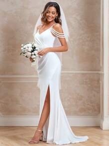 EVER-PRETTY Minimalistisches Perlendekor Fischschwanz-Hochschlitz Spaghettiträger weißes Hochzeitskleid Brautkleid für Sommerhochzeit
