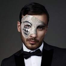 JEWELRYWE Vintage Italian Venetian Phantom Of The Opera Half Face Mask, Men's Masquerade Mask, Halloween Mardi Gras Mask, Holiday Party Decoration - 白色 - 查看 3
