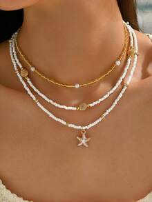 3 Pcs Bohemian Style Starfish & Shell Beaded Necklace Set, Suitable For Women Beach Party - Multicolor - View 1