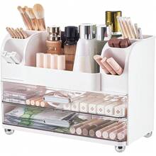 Makeup Organizer-Makeup Organizer Vanity With 2 Large Drawers, Cosmetic Display With Holders, Easy To Storage Bathroom Countertop Skincare, Desk Office Supplies, White - 綠色 - 查看 9