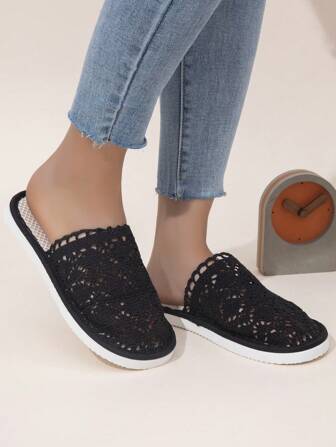 女士蕾丝编织亚麻拖鞋，舒适室内家居静音镂空透气男女通用四季家居拖鞋