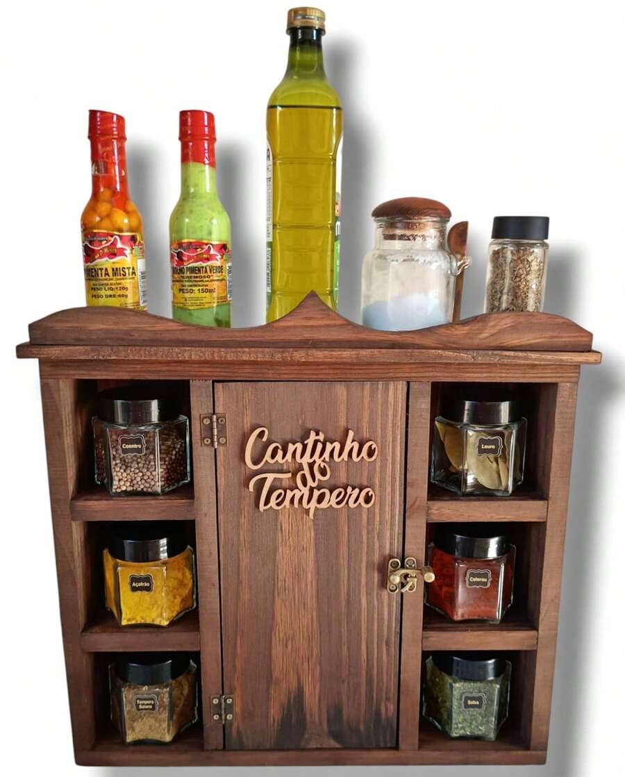 Wall-Mounted Condiment Holder Wooden Cabinet With Door Home Kitchen - 鏽棕色 - 查看 1