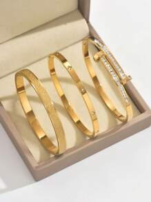 Set de 3 piezas de pulsera de acero inoxidable con baño de oro de 18 quilates con trébol de cuatro hojas, adecuado para fiestas, uso diario, estilo europeo y estadounidense, personalizado, generoso, de lujo con circonita cúbica, conjunto de joyería nupcial, regalo para niñas, mujeres, familiares, amigos, bodas hermosas, cumpleaños, San Valentín, mamá, madre, Día de la Madre