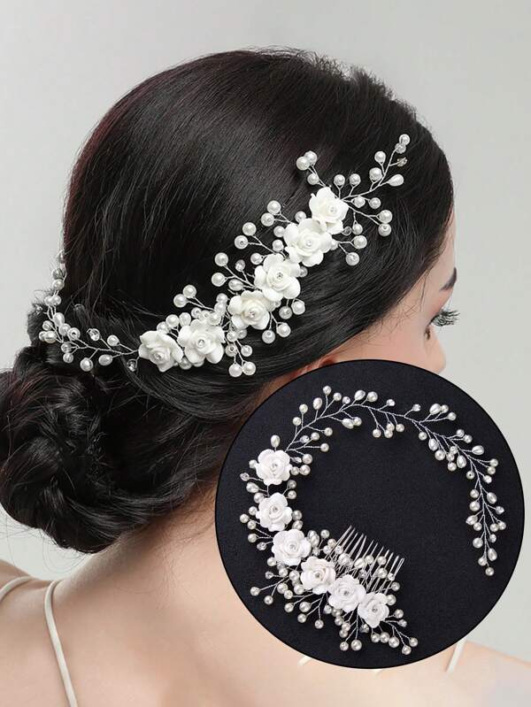 1 stuk elegante handgemaakte haarkam met draaiende bloemen en imitatieparels, nieuw design haarspeld voor dames aan de zijkant, geschikt voor bruiloften, bruidsmeisjes, formele feesten, gala's, optredens, cadeaus, modieuze en hoogwaardige bruidsaccessoires