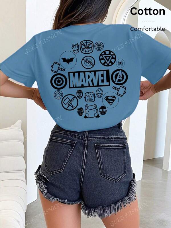 Marvel Marvel Superhero-logopatroon, 100% katoenen T-shirt, casual, alledaagse lente/zomer ronde hals, korte mouwen, damestops, grijsblauwe top