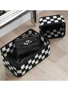 1pc Elegant Black & White Checkerboard Cosmetic Storage Box Dresser Desktop Organizer For Skin Care, Sundries & More - Space-Saving, Folding,Rectangular Design For Clothes & Toy Storage