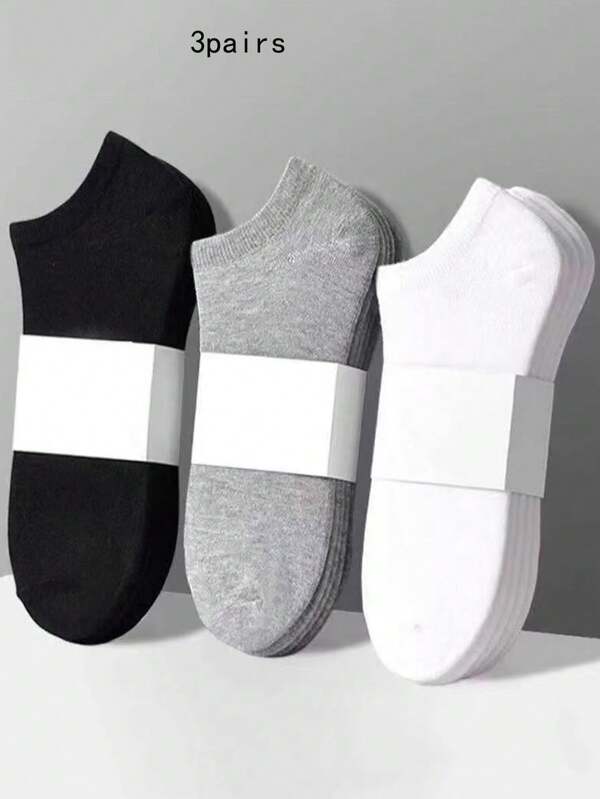 3 Pairs Unisex Solid Color Black/White/Gray Ankle Socks, Breathable Low-Cut Casual Socks For Summer