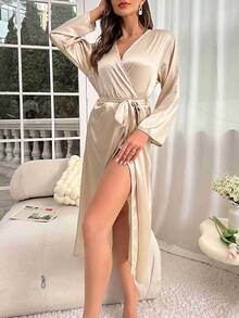 Thin And Sexy Summer Sexy Imitation Silk Nightgown For Women, Long Sleeved, Medium To Long Lace Up Bathrobe, Morning Gown, Fashionable And Comfortable Casual Home Wear For Women - 卡其色 - 查看 1