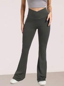 RUNONWHEELS 5 Quần legging ống loe cạp cao dành cho tập thể dục và thể thao hàng ngày, quần bó sát nâng mông tập yoga cho nữ, quần bó sát ống loe cạp cao chéo cho nữ mùa xuân - Màu xám đen - Xem 3
